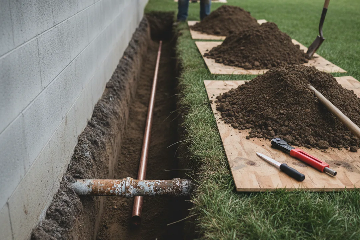 Excavated water line trench during Water Heater Repair in Walkersville